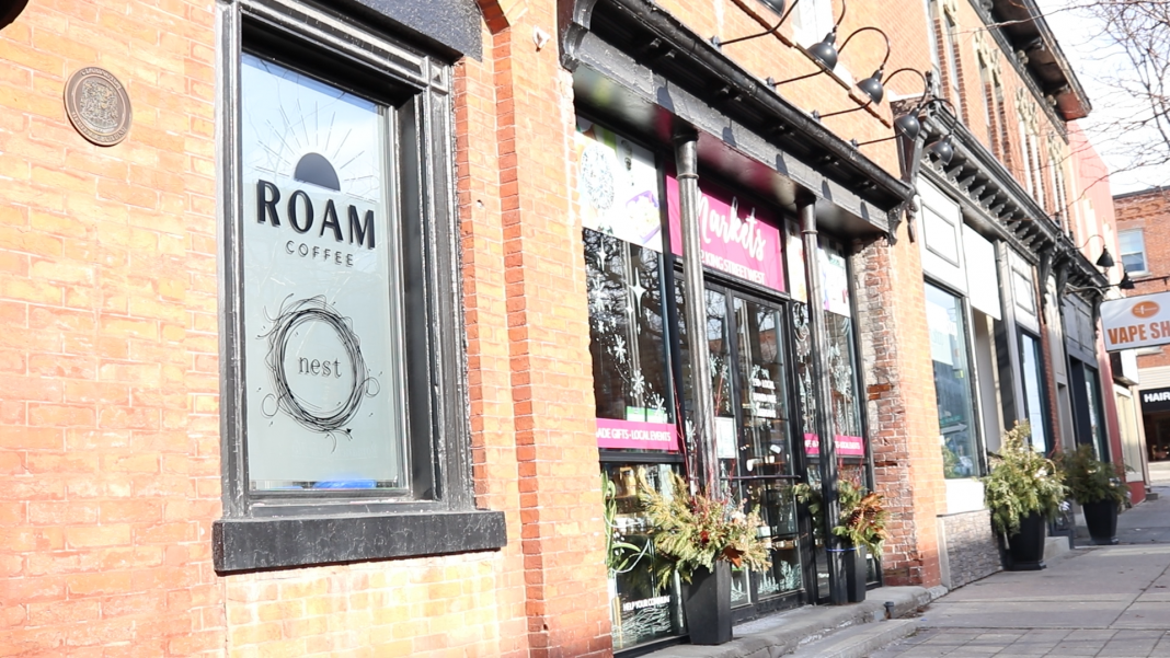 Outside of RoamCoffee in Clarington Bowmanville on a mid January sunny winter day. It's the middle of the day and RoamCoffee is open for anyone to come in including dogs. Photo credit: Branden Rushton